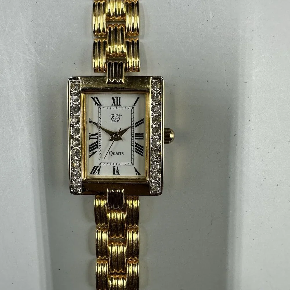 Elizabeth Taylor Watch Women Gold Tone Rectangle Case New Battery 6.75 Inch